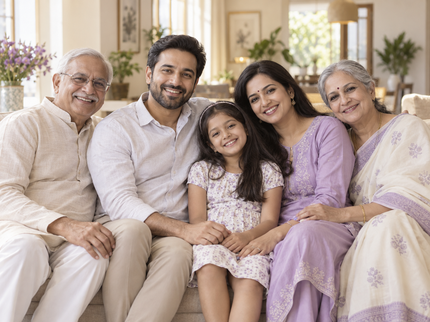 An Indian family with parents, grandparents and a daughter relaxing together